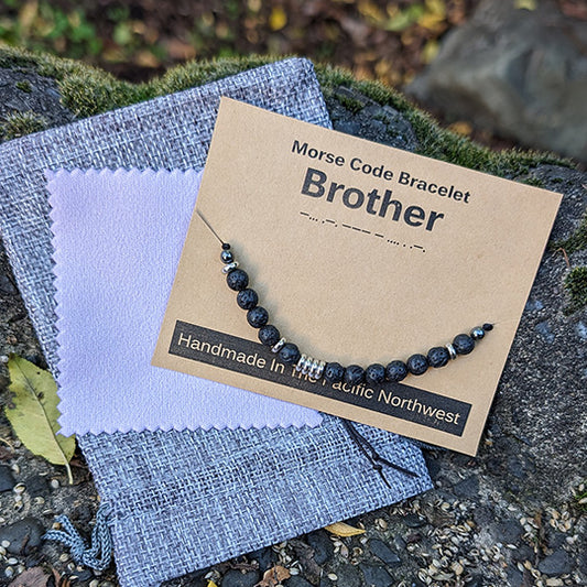 Lava Rock & Stainless Steel Morse Code Bracelet - Brother